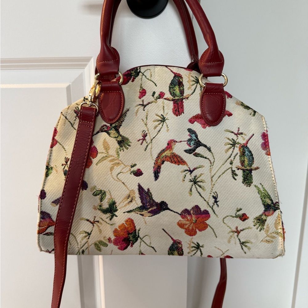 Floral Bird Print Handbag with Red Accents